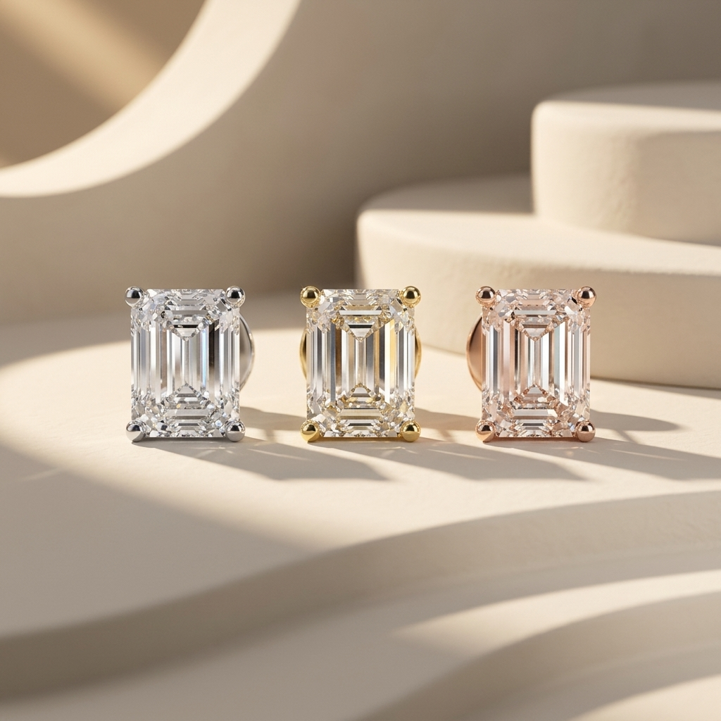 Emerald cut diamond stud earrings available in white, yellow, and rose gold finishes.
Luxury emerald cut diamond stud earrings crafted in white, yellow, and rose gold.
Elegant emerald cut solitaire diamond earrings showcased in three premium gold tones.
Fine jewelry emerald cut diamond studs featuring brilliant step-cut diamonds in three gold finishes.
Contemporary emerald cut diamond earrings displayed in white, yellow, and rose gold.
Premium emerald cut solitaire diamond stud earrings designed in three lu