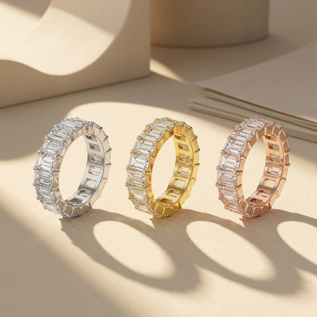 Emerald cut eternity bands in three gold tones.
Emerald eternity band collection.
White, yellow, and rose gold eternity bands.
Three-tone emerald diamond bands.
Classic emerald eternity bands.
Luxury eternity band collection.
Emerald diamond bands in three finishes.
Full eternity diamond bands.
Elegant emerald cut eternity bands.
Emerald eternity bands in gold tones.