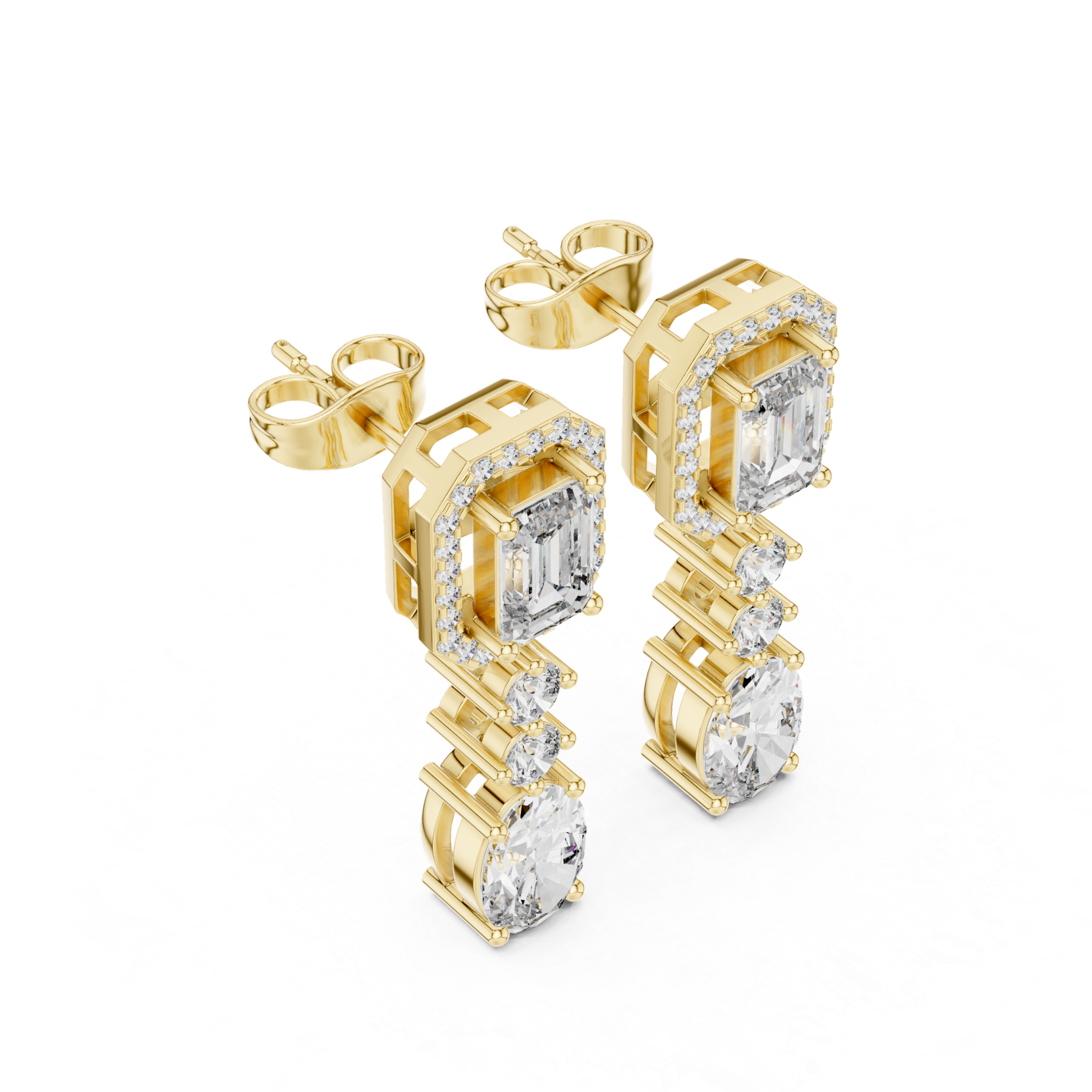 Yellow gold emerald diamond earrings side perspective
Angled view halo diamond drop earrings in yellow gold
Yellow gold fancy cut diamond dangle earrings
Emerald top diamond earrings with oval drops
Side angle multi stone diamond earrings
Yellow gold open gallery diamond drop design
Emerald halo earrings with graduated diamonds
Yellow gold luxury dangle earrings side profile
Fancy shape diamond earrings with oval bottom stone
Yellow gold handcrafted diamond drop earrings