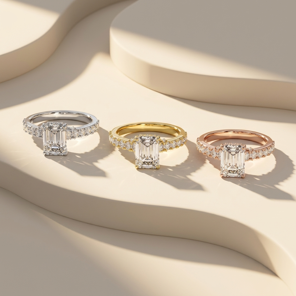 Emerald cut solitaire rings in three gold tones.
Emerald diamond rings in white, yellow, and rose gold.
Emerald cut ring collection.
Triple gold emerald diamond rings.
Emerald engagement rings in three finishes.
Luxury emerald solitaire rings.
Elegant emerald cut diamond rings.
Emerald diamond rings trio.
Classic emerald solitaire rings.
Emerald cut rings in three gold colors.