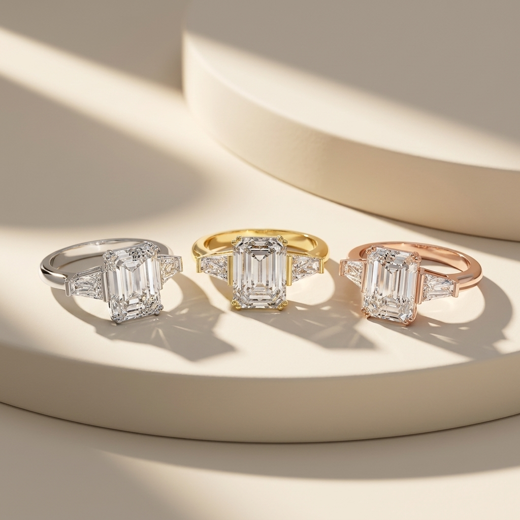 Emerald cut diamonds in three gold tones.
Three stone emerald cut collection.
Emerald diamonds in white, yellow, and rose gold.
Emerald cut diamond trio.
Three gold emerald diamond designs.
Luxury emerald cut diamonds.
Emerald cut with side stones.
Three-tone emerald cut diamonds.
Classic emerald cut collection.
Emerald diamonds in three finishes.