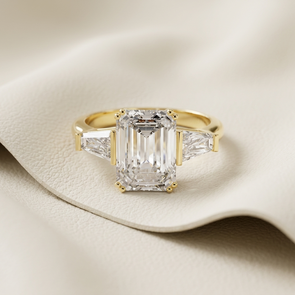 Emerald cut diamond in yellow gold.
Three stone emerald cut diamond.
Emerald diamond with side stones.
Yellow gold emerald diamond.
Classic emerald cut diamond.
Luxury emerald cut diamond.
Emerald cut three stone setting.
Brilliant emerald cut diamond.
Emerald diamond with tapered sides.
Elegant emerald cut diamond.