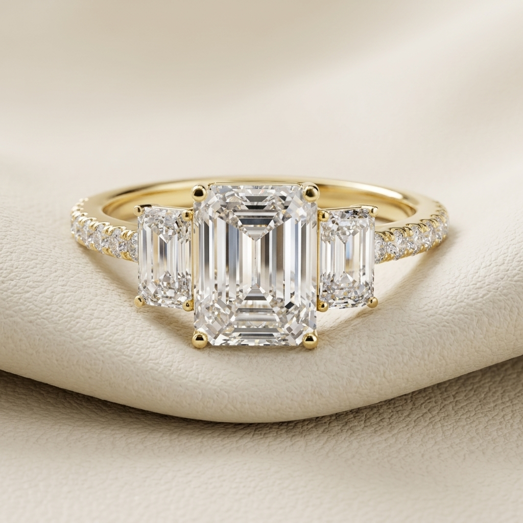 Yellow gold ring with emerald cut center stone and side diamonds
Elegant three stone diamond ring featuring rectangular step cut gems
Luxury gold engagement ring with large emerald cut centerpiece
Sparkling three stone ring with diamond accented yellow gold band
Classic emerald cut diamond ring with matching side stones
Fine jewelry gold ring featuring a bold rectangular center diamond
Designer three stone diamond ring displayed on an ivory surface
Sophisticated yellow gold ring with step cut diamond arrang