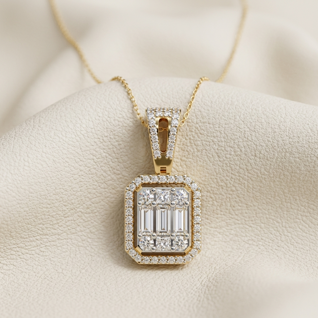 Yellow gold pendant with emerald shaped diamond halo frame
Geometric pendant featuring vertical baguette and round diamond arrangement
Brilliant rectangular pendant with layered mixed cut diamond detailing
Elegant gold necklace showcasing a framed baguette diamond mosaic
Art Deco inspired pendant with structured geometric diamond composition
Radiant diamond pendant featuring an octagonal halo and central baguettes
Fine jewelry necklace with symmetrical mixed shape diamond setting
Statement gold pendant ador