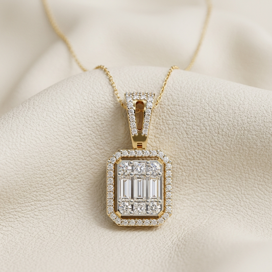 Yellow gold pendant with emerald shaped diamond halo frame
Geometric pendant featuring vertical baguette and round diamond arrangement
Brilliant rectangular pendant with layered mixed cut diamond detailing
Elegant gold necklace showcasing a framed baguette diamond mosaic
Art Deco inspired pendant with structured geometric diamond composition
Radiant diamond pendant featuring an octagonal halo and central baguettes
Fine jewelry necklace with symmetrical mixed shape diamond setting
Statement gold pendant ador