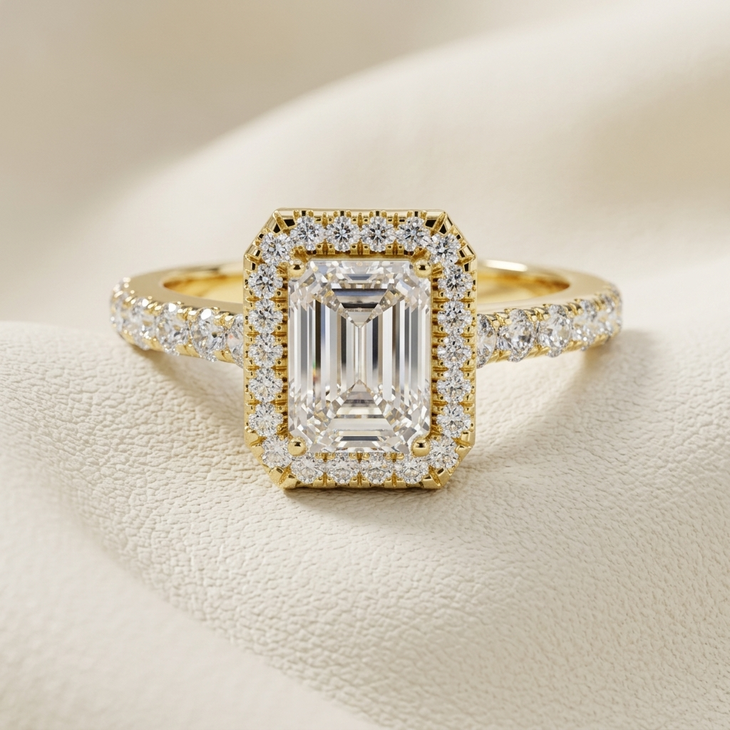 Emerald halo diamond ring in yellow gold.
Yellow gold emerald halo engagement ring.
Emerald cut diamond halo ring.
Emerald halo ring with pavé band.
Elegant emerald cut halo ring.
Gold emerald diamond engagement ring.
Luxury emerald halo diamond ring.
Emerald cut ring with diamond halo.
Classic emerald halo solitaire ring.
Emerald cut halo ring in gold.