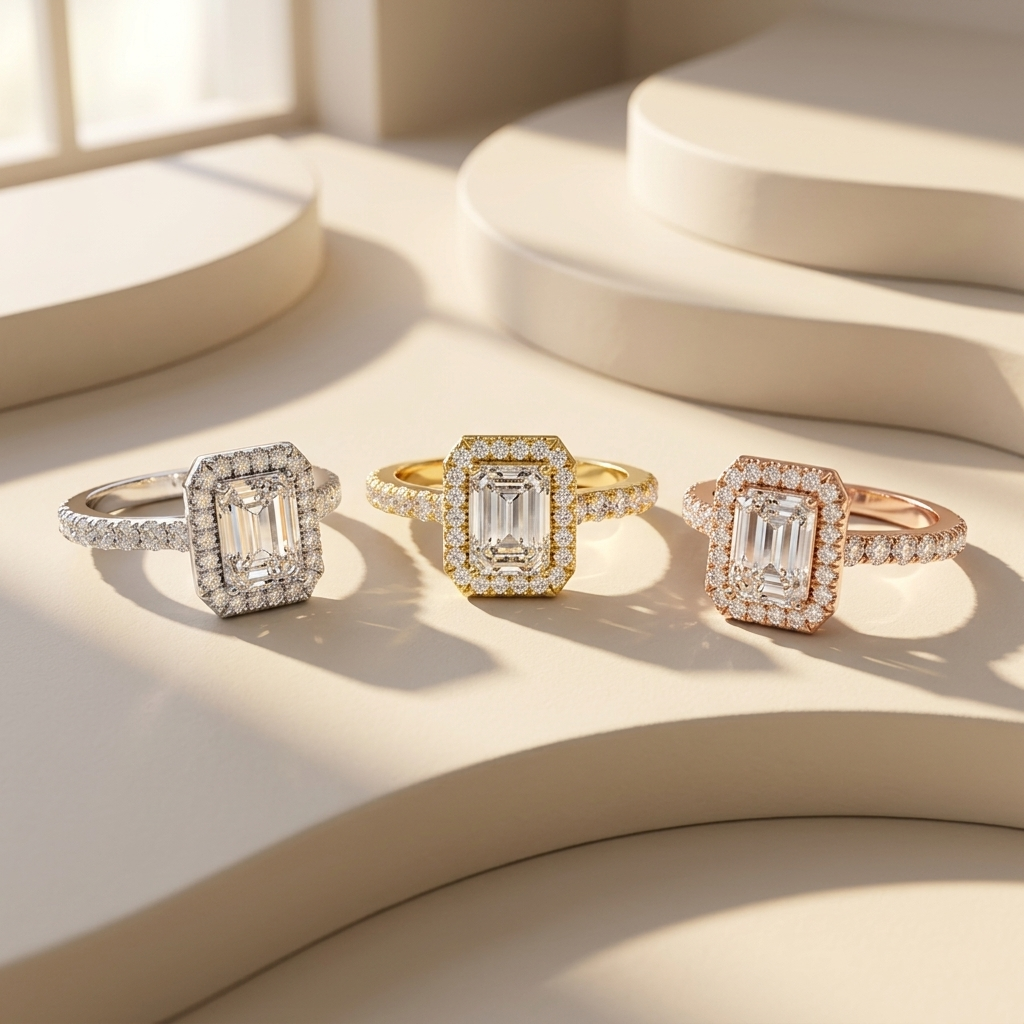 Emerald halo rings in three gold tones.
Emerald halo diamond rings in white, yellow, and rose gold.
Emerald cut halo ring collection.
Emerald halo engagement rings in three finishes.
Emerald cut diamond ring collection.
Luxury emerald halo rings.
Triple gold emerald halo diamond rings.
Emerald halo rings with pavé bands.
Classic emerald cut halo ring collection.
Emerald diamond halo rings in three gold colors.