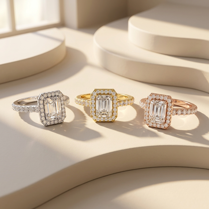 Emerald halo rings in three gold tones.
Emerald halo diamond rings in white, yellow, and rose gold.
Emerald cut halo ring collection.
Emerald halo engagement rings in three finishes.
Emerald cut diamond ring collection.
Luxury emerald halo rings.
Triple gold emerald halo diamond rings.
Emerald halo rings with pavé bands.
Classic emerald cut halo ring collection.
Emerald diamond halo rings in three gold colors.
