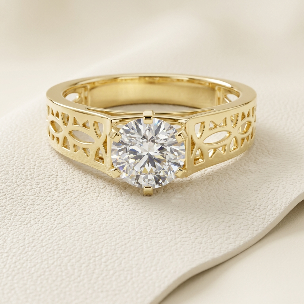 Filigree solitaire diamond ring in yellow gold.
Yellow gold filigree diamond ring.
Round filigree engagement ring.
Round solitaire filigree ring.
Classic filigree diamond ring.
Elegant filigree solitaire ring.
Gold round diamond ring.
Openwork diamond ring in gold.
Luxury filigree engagement ring.
Round diamond filigree ring.