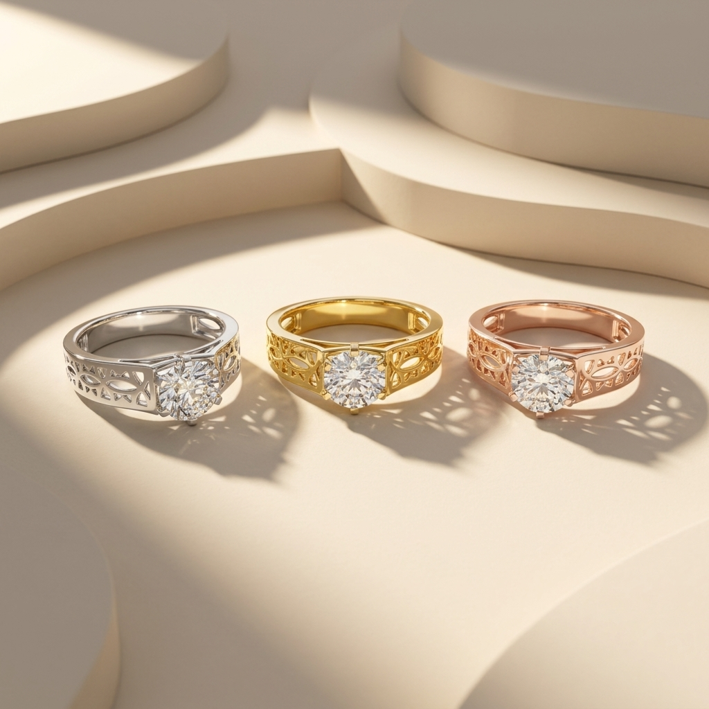 Filigree solitaire rings in three gold tones.
Filigree diamond rings in white, yellow, and rose gold.
Filigree solitaire ring collection.
Triple gold filigree diamond rings.
Filigree engagement rings in three finishes.
Luxury filigree solitaire rings.
Elegant filigree diamond rings.
Openwork diamond ring collection.
Classic filigree diamond rings.
Filigree rings in three gold colors.