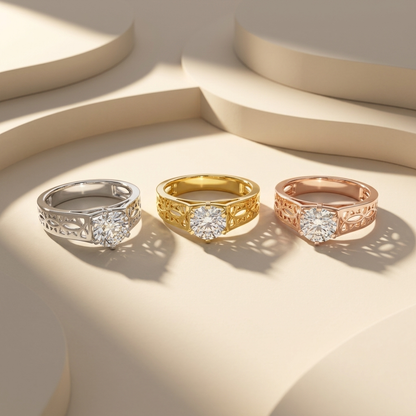 Filigree solitaire rings in three gold tones.
Filigree diamond rings in white, yellow, and rose gold.
Filigree solitaire ring collection.
Triple gold filigree diamond rings.
Filigree engagement rings in three finishes.
Luxury filigree solitaire rings.
Elegant filigree diamond rings.
Openwork diamond ring collection.
Classic filigree diamond rings.
Filigree rings in three gold colors.