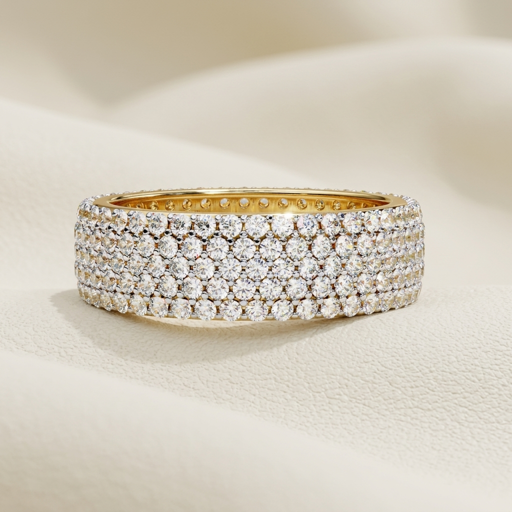 Yellow gold five row pavé diamond band
Luxury wide pavé diamond band in yellow gold
Elegant multi row diamond band with brilliant diamonds
Fine jewelry wide pavé diamond band close up
Premium yellow gold diamond band with five rows of diamonds
Sparkling wide diamond band for everyday luxury
Designer multi row pavé diamond band for women
Modern yellow gold wide diamond band with pavé setting
Timeless five row diamond band with brilliant round diamonds
Classic wide pavé diamond band in yellow gold