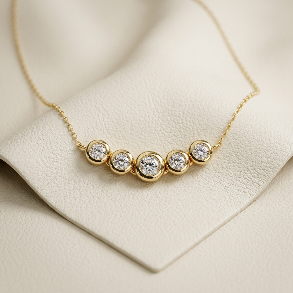 Yellow gold five stone bezel diamond necklace
Luxury bezel set five diamond necklace in yellow gold
Elegant five stone round diamond necklace with gold chain
Fine jewelry bezel set diamond station necklace close up
Sparkling five stone diamond necklace in yellow gold
Premium bezel set round diamond necklace for women
Designer five diamond bezel necklace with brilliant round stones
Modern yellow gold five stone diamond necklace
Timeless bezel set five diamond necklace with delicate chain
Classic yellow gold 