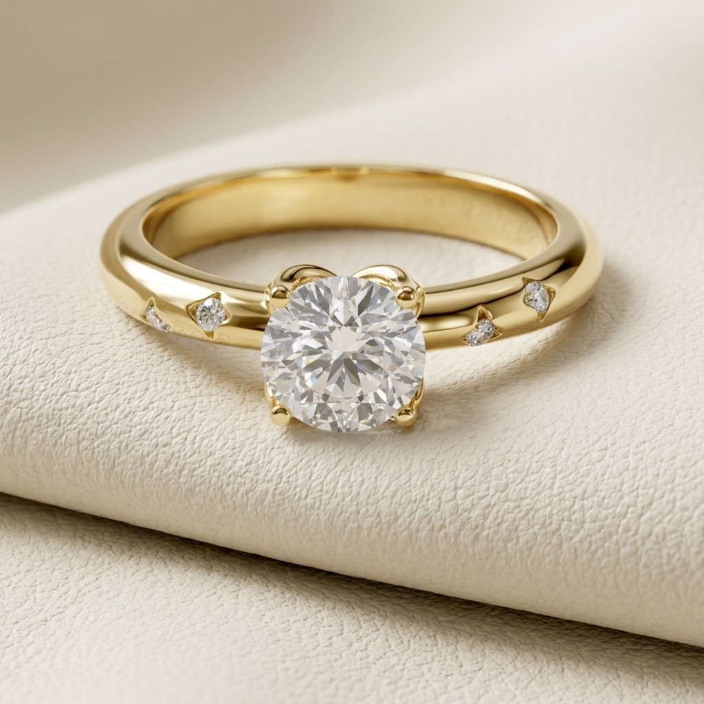 Yellow gold solitaire ring with round diamond and scattered accents
Elegant round diamond ring featuring delicate floating accent stones
Luxury gold engagement ring with brilliant solitaire center diamond
Modern yellow gold ring with scattered diamond details
Unique solitaire diamond ring with a polished curved gold band
Fine jewelry ring featuring a brilliant round center stone
Contemporary gold engagement ring with subtle diamond accents
Sparkling round solitaire ring displayed on an ivory surface
Designe