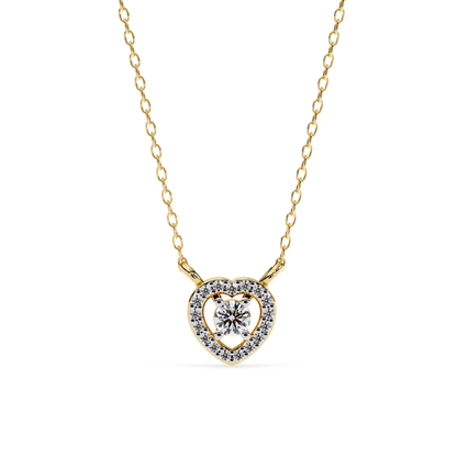 Yellow gold heart pendant with a floating round center diamond
Open heart necklace featuring a pavé diamond halo design
Elegant heart pendant showcasing a brilliant solitaire within a diamond frame
Fine gold necklace with a sparkling open heart diamond motif
Delicate heart shaped pendant accented by a luminous pavé border
Brilliant round diamond pendant suspended inside an open heart setting
Romantic gold pendant with a halo heart and floating center stone
Contemporary heart necklace featuring polished gold