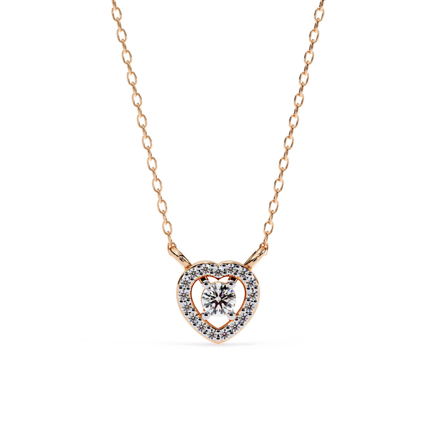 Rose gold heart pendant with a floating round center diamond
Open heart necklace featuring a pavé diamond halo design
Elegant heart pendant showcasing a brilliant solitaire within a diamond frame
Fine rose gold necklace with a sparkling open heart diamond motif
Delicate heart shaped pendant accented by a luminous pavé border
Brilliant round diamond pendant suspended inside an open heart setting
Romantic rose gold pendant with a halo heart and floating center stone
Contemporary heart necklace featuring polis