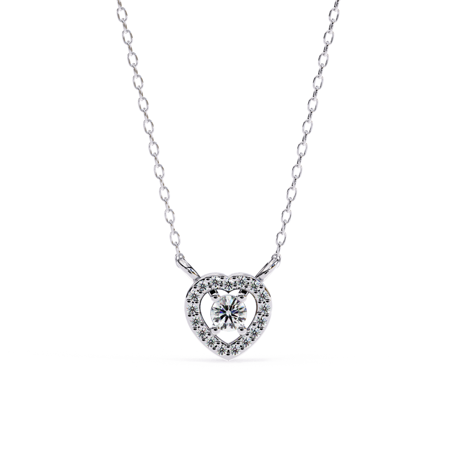 White gold heart pendant with a floating round center diamond
Open heart necklace featuring a pavé diamond halo design
Elegant heart pendant showcasing a brilliant solitaire within a diamond frame
Fine white gold necklace with a sparkling open heart diamond motif
Delicate heart shaped pendant accented by a luminous pavé border
Brilliant round diamond pendant suspended inside an open heart setting
Romantic white gold pendant with a halo heart and floating center stone
Contemporary heart necklace featuring po