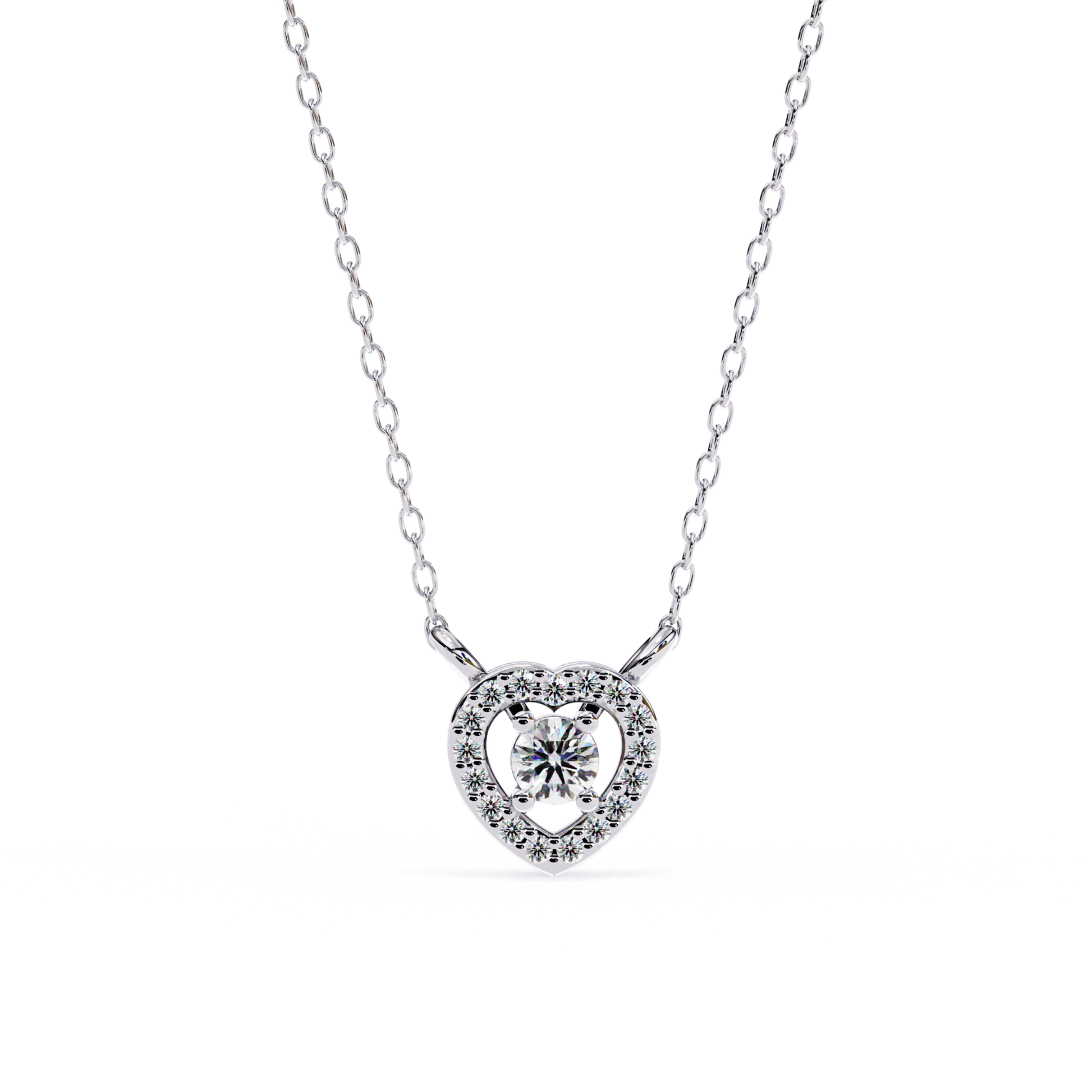 White gold heart pendant with a floating round center diamond
Open heart necklace featuring a pavé diamond halo design
Elegant heart pendant showcasing a brilliant solitaire within a diamond frame
Fine white gold necklace with a sparkling open heart diamond motif
Delicate heart shaped pendant accented by a luminous pavé border
Brilliant round diamond pendant suspended inside an open heart setting
Romantic white gold pendant with a halo heart and floating center stone
Contemporary heart necklace featuring po