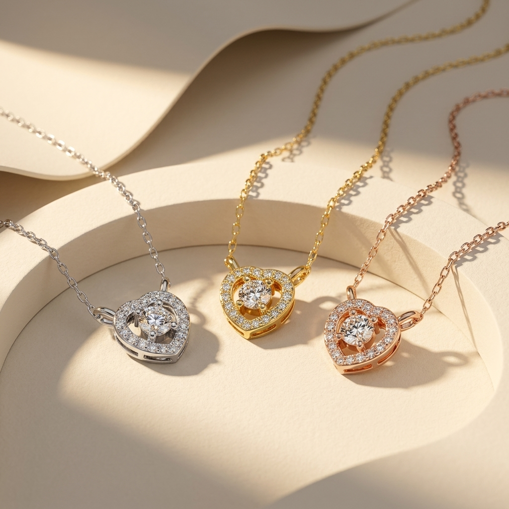 Floating heart diamond pendant necklaces in white yellow and rose gold
Three tone heart halo diamond pendant necklace collection
Luxury heart diamond necklaces with sparkling center stone
White yellow and rose gold heart pendant necklaces
Fine jewelry floating diamond heart pendant set
Elegant heart halo diamond necklaces in three gold finishes
Designer heart pendant necklaces with brilliant round diamonds
Premium heart diamond necklace collection close up
Modern floating heart diamond pendants with matchin