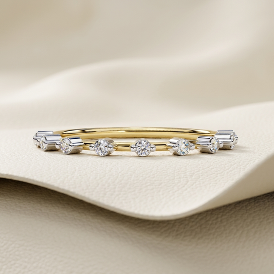 Yellow gold band with floating round diamond accents
Sleek gold band featuring evenly spaced brilliant diamonds
Modern diamond rail band with polished yellow gold curves
Round diamonds set across a delicate open channel band
Minimal gold band showcasing suspended diamond details
Contemporary band with brilliant round diamond stations
Fine jewelry diamond band featuring a streamlined floating arrangement
Polished yellow gold band with sparkling spaced diamonds
Elegant open rail band accented by luminous roun