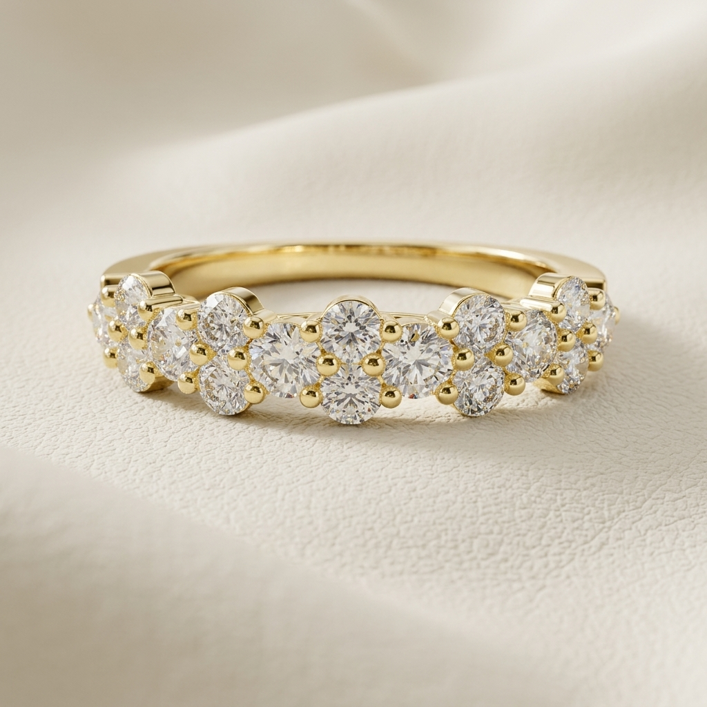 Yellow gold band ring with sparkling floral diamond clusters
Elegant gold ring featuring round diamonds in flower designs
Luxury floral diamond band displayed on an ivory surface
Gold anniversary ring with brilliant round diamond clusters
Delicate flower inspired diamond ring in polished yellow gold
Fine jewelry band featuring repeating floral diamond motifs
Sparkling round diamonds arranged in elegant flower clusters
Designer yellow gold ring with intricate diamond floral pattern
Romantic floral diamond ba