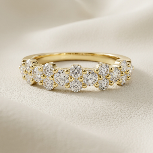 Yellow gold band ring with sparkling floral diamond clusters
Elegant gold ring featuring round diamonds in flower designs
Luxury floral diamond band displayed on an ivory surface
Gold anniversary ring with brilliant round diamond clusters
Delicate flower inspired diamond ring in polished yellow gold
Fine jewelry band featuring repeating floral diamond motifs
Sparkling round diamonds arranged in elegant flower clusters
Designer yellow gold ring with intricate diamond floral pattern
Romantic floral diamond ba