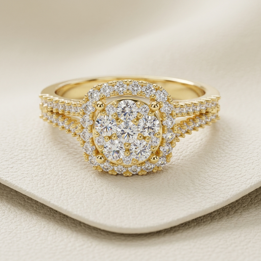 Yellow gold ring with floral cluster diamond center and halo
Luxury diamond ring featuring a sparkling round floral design
Elegant gold ring with clustered stones and double halo setting
Statement diamond ring with intricate floral inspired centerpiece
Glamorous yellow gold ring with brilliant cluster and pavé band
Ornate floral diamond ring displayed on a soft ivory surface
Fine jewelry gold ring featuring a dazzling multi stone center
Sparkling cluster engagement ring with diamond accented gold band
Desig
