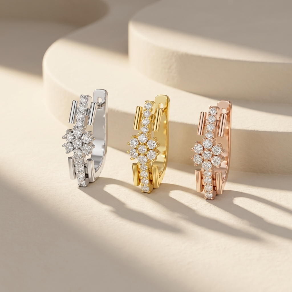 Floral diamond earrings in white yellow and rose gold
Luxury flower diamond earrings in three gold finishes
White yellow and rose gold floral earrings
Premium floral diamond earring collection
Fine jewelry flower earrings comparison
Elegant diamond earrings display
Modern floral earrings in three metal tones
Sparkling flower diamond jewelry collection
Designer floral earrings showcase
Contemporary luxury diamond earrings