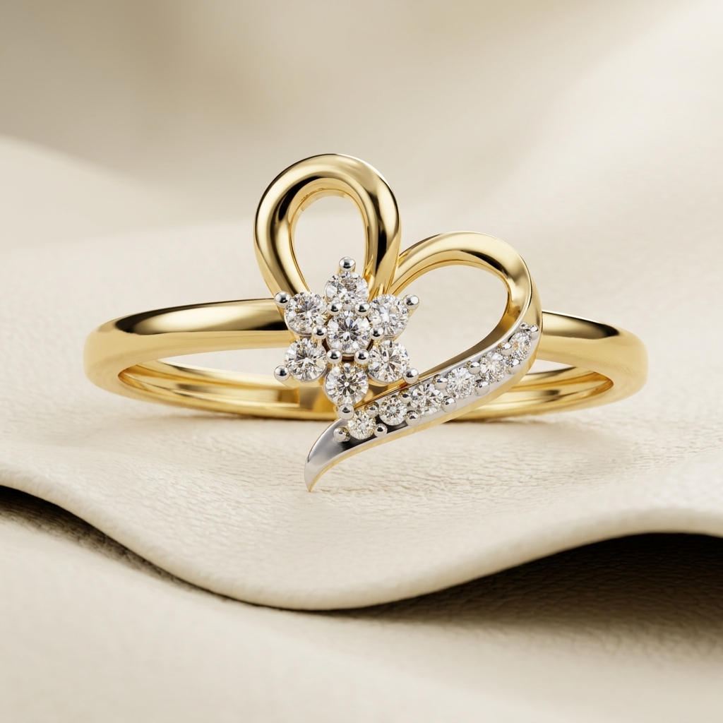 Yellow gold heart ring with floral diamond cluster centerpiece
Sculpted open heart design featuring sparkling flower shaped diamonds
Elegant gold ring with sweeping pavé diamond heart curve
Diamond blossom nestled inside a polished heart silhouette
Graceful heart motif ring accented with clustered round diamonds
Artistic yellow gold ring combining floral and love inspired details
Sparkling diamond flower framed by flowing open heart curves
Delicate pavé sweep enhancing a sculptural gold heart design
Refined