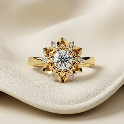 Yellow gold floral heart prong solitaire diamond ring
Elegant flower inspired diamond ring with heart shaped petal details
Luxury yellow gold floral solitaire engagement ring
Fine jewelry flower design ring with brilliant round center diamond
Contemporary heart petal diamond ring in yellow gold
Premium floral solitaire diamond ring with sparkling accent diamonds
Designer flower motif engagement ring close up
Stylish yellow gold floral diamond ring with heart inspired petals
Romantic flower shaped solitaire 