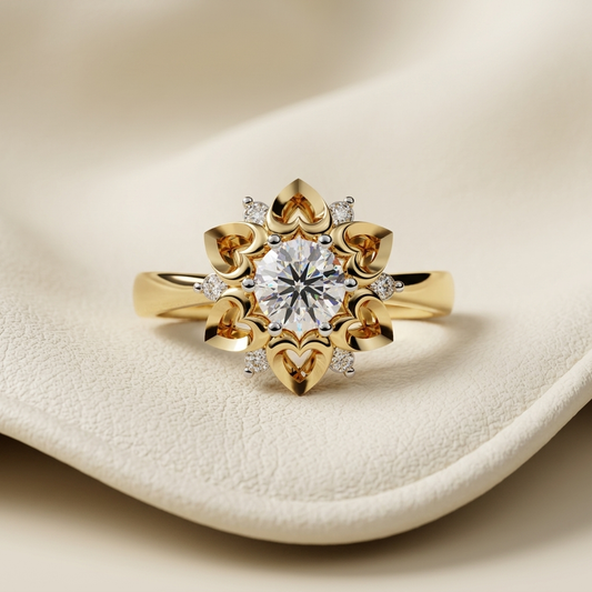 Yellow gold floral heart prong solitaire diamond ring
Elegant flower inspired diamond ring with heart shaped petal details
Luxury yellow gold floral solitaire engagement ring
Fine jewelry flower design ring with brilliant round center diamond
Contemporary heart petal diamond ring in yellow gold
Premium floral solitaire diamond ring with sparkling accent diamonds
Designer flower motif engagement ring close up
Stylish yellow gold floral diamond ring with heart inspired petals
Romantic flower shaped solitaire 