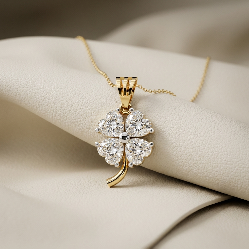 Yellow gold pendant with four heart shaped diamonds forming a clover
Brilliant heart diamonds arranged in an elegant four leaf motif
Floral inspired pendant featuring four luminous heart cut stones
Delicate gold necklace showcasing a sparkling diamond clover design
Four heart shaped diamonds centered around a polished round accent
Fine jewelry pendant with symmetrical petal inspired diamond arrangement
Radiant clover pendant featuring clustered heart cut diamonds
Sculptural yellow gold pendant combining flo