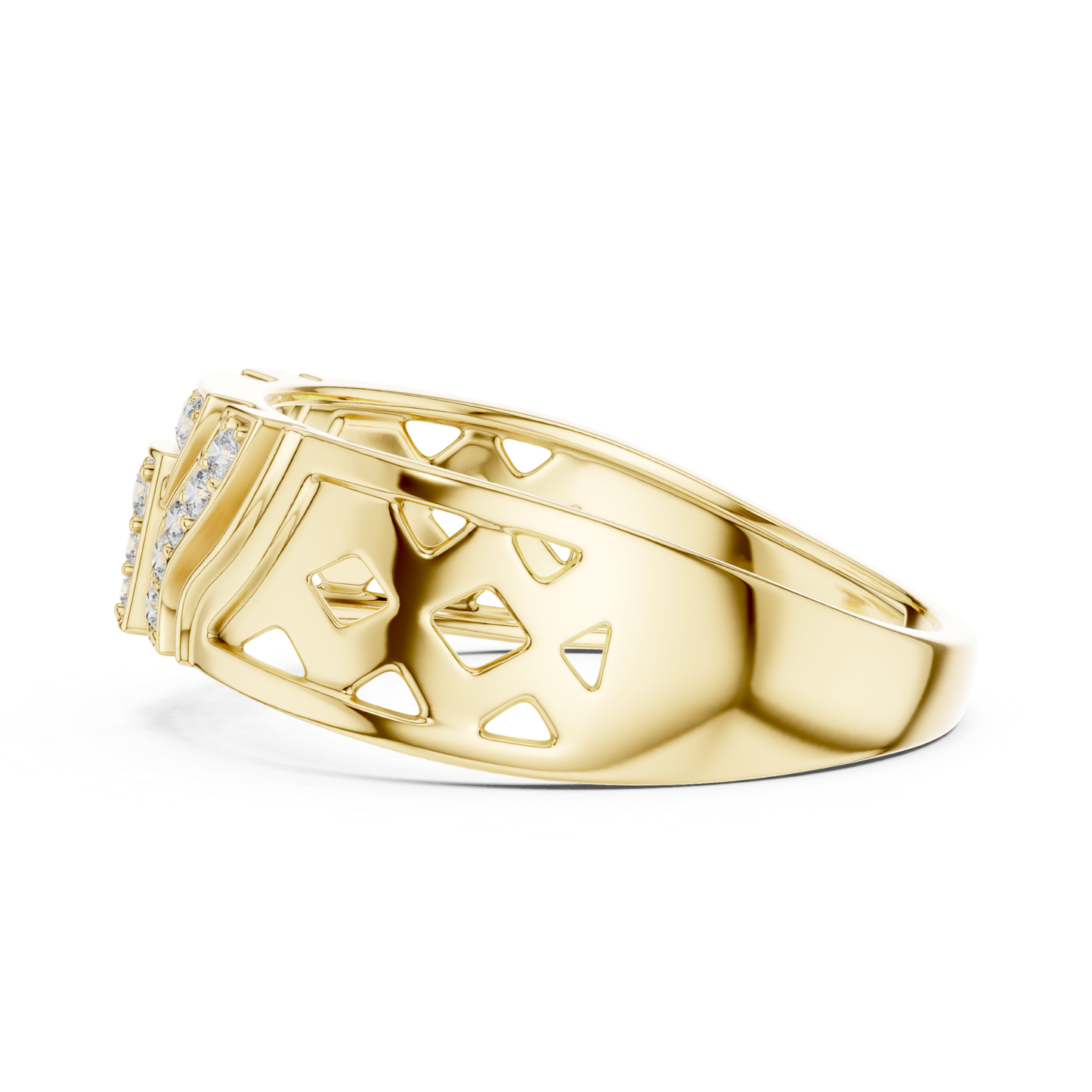 Side profile geometric cutout yellow gold band ring
Yellow gold band with angular openwork pattern
Modern yellow gold ring featuring geometric cutouts
Wide yellow gold band with decorative open details
Contemporary yellow gold ring with sculpted design
Polished yellow gold band showcasing cutout accents
Tapered yellow gold ring with geometric pattern
Architectural yellow gold band with openwork details
Yellow gold ring with angular gallery design
Bold yellow gold band with geometric side profile
