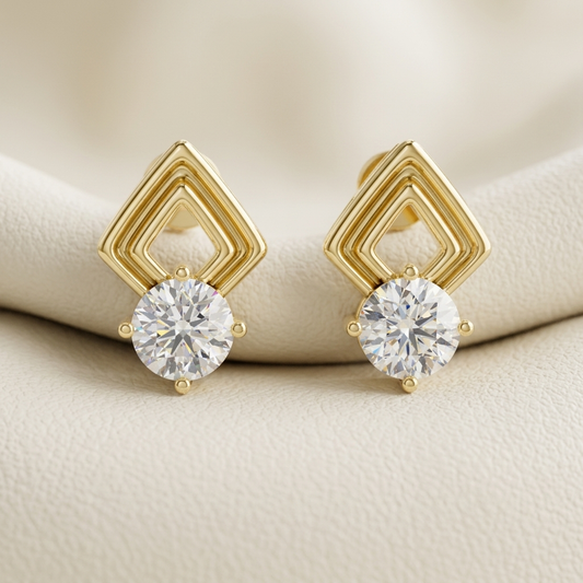 Yellow gold geometric diamond stud earrings featuring a brilliant round solitaire.
Elegant geometric stud earrings crafted in polished yellow gold with round diamonds.
Luxury yellow gold diamond stud earrings with a modern layered geometric design.
Fine jewelry geometric diamond earrings showcasing brilliant round center stones.
Contemporary yellow gold stud earrings combining geometric lines with sparkling diamonds.
Premium geometric diamond stud earrings with a polished yellow gold finish.
Designer yellow