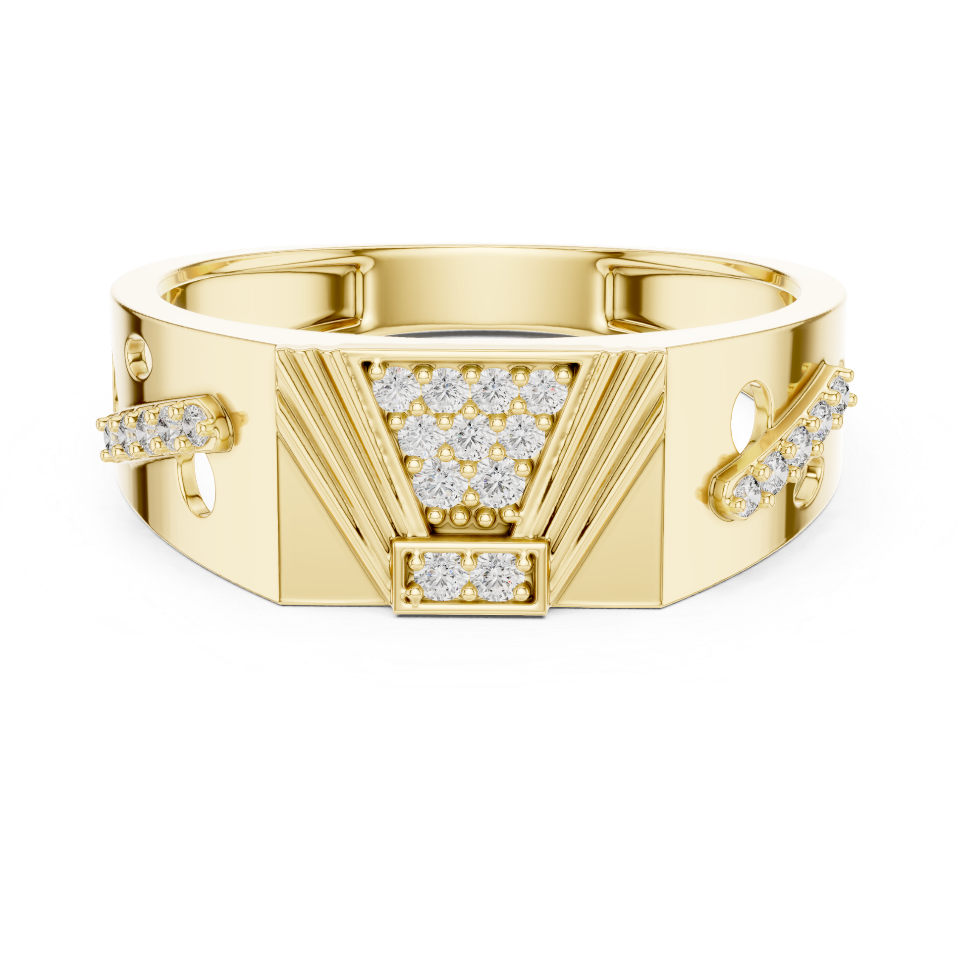 Geometric diamond yellow gold band ring
Yellow gold ring with diamond cluster center
Diamond yellow gold band with angular details
Wide yellow gold ring featuring geometric design
Contemporary yellow gold band with diamond accents
Textured yellow gold ring with diamond pattern
Modern yellow gold band showcasing diamond cluster
Polished yellow gold ring with geometric centerpiece
Structured yellow gold band with diamond details
Architectural yellow gold ring with diamond accents