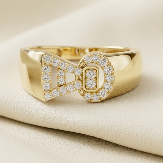 Bold gold ring with geometric diamond-studded design
Stylish statement ring featuring structured pavé detailing
Luxury gold ring with modern architectural diamond layout
Contemporary ring with unique letter-inspired design
Fine jewelry piece with circular and angular diamond accents
Premium gold ring with intricate pavé craftsmanship
Sophisticated statement ring with artistic diamond pattern
Designer ring with bold geometric structure
High-end gold ring with detailed diamond arrangement
Close-up of modern r