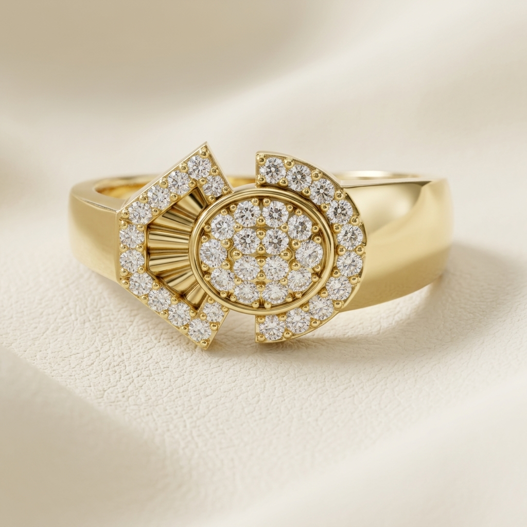 Bold gold ring with geometric pavé diamond design
Stylish statement ring with circular and angular diamond layout
Luxury gold ring featuring intricate diamond detailing
Contemporary ring with unique geometric structure
Fine jewelry piece with clustered round diamonds
Premium gold ring with artistic diamond arrangement
Sophisticated ring with modern circular diamond centerpiece
Designer statement ring with mixed geometric elements
High-end gold ring with detailed pavé diamond work
Close-up of bold ring with 