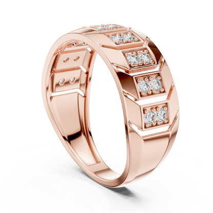 Front angled round diamond rose gold band ring
Geometric rose gold ring with round diamond pairs
Modern rose gold band featuring round diamonds
Wide rose gold ring with round diamond accents
Round diamond rose gold statement band design
Polished rose gold ring with geometric detailing
Contemporary rose gold band showcasing round diamonds
Diamond accented rose gold ring from angled view
Textured rose gold band with round diamond settings
Angular rose gold ring with diamond row pattern