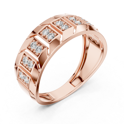 Angled view round diamond rose gold band ring
Geometric rose gold ring with round diamond accents
Wide rose gold band featuring round diamond pairs
Contemporary rose gold ring with round diamonds
Round diamond rose gold statement band design
Polished rose gold ring with geometric diamond pattern
Modern rose gold band showcasing round diamonds
Diamond accented rose gold ring from top angle
Textured rose gold band with round diamond settings
Angular rose gold ring with round diamond details