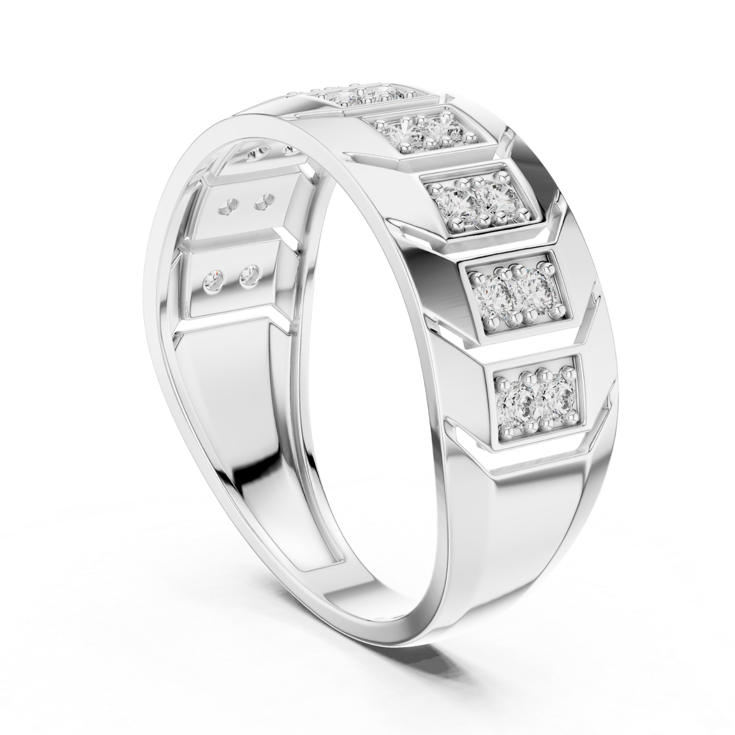 Front angled round diamond white gold band ring
Geometric white gold ring with round diamond pairs
Modern white gold band featuring round diamonds
Wide white gold ring with round diamond accents
Round diamond white gold statement band design
Polished white gold ring with geometric detailing
Contemporary white gold band showcasing round diamonds
Diamond accented white gold ring from angled view
Textured white gold band with round diamond settings
Angular white gold ring with diamond row pattern
