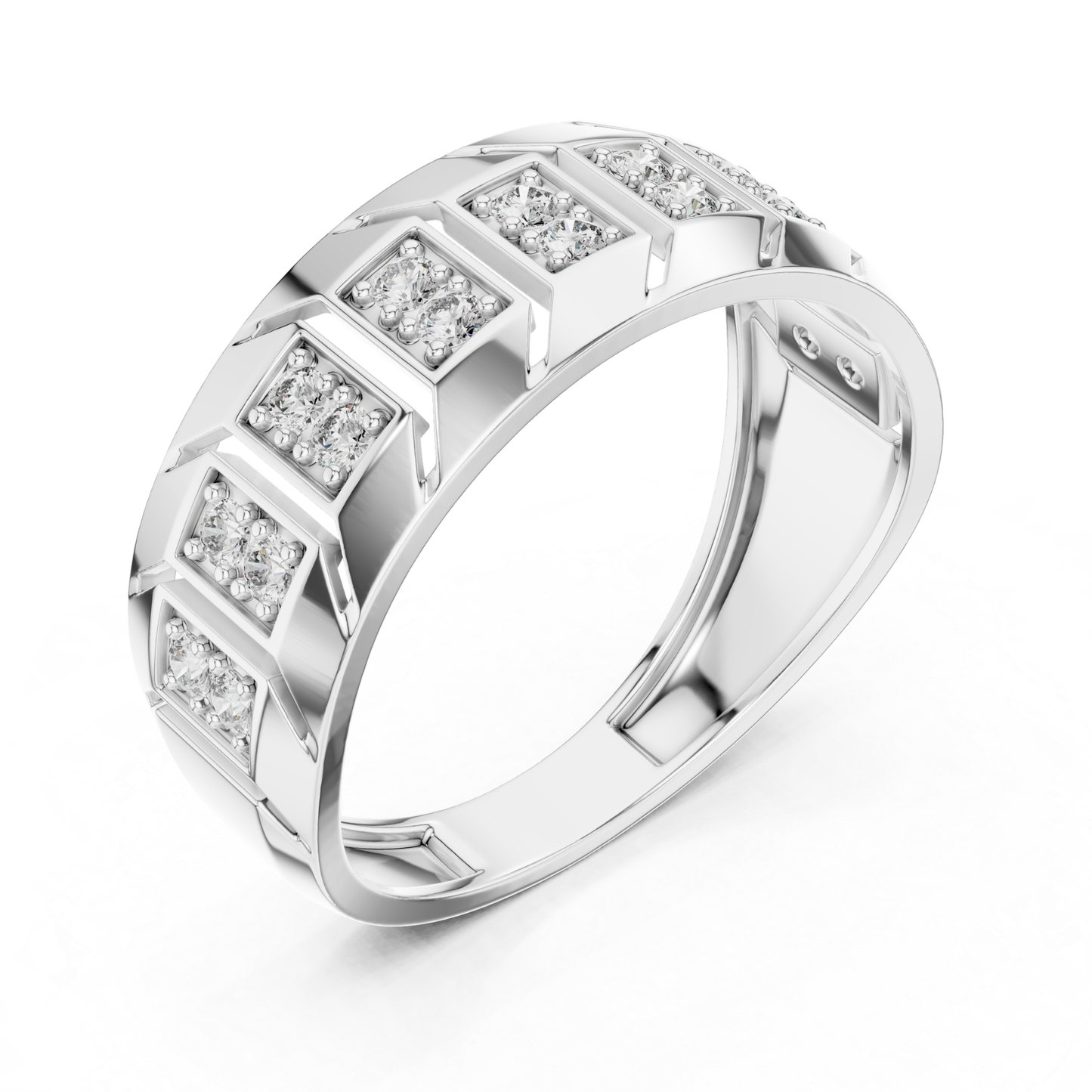 Angled view round diamond white gold band ring
Geometric white gold ring with round diamond accents
Wide white gold band featuring round diamond pairs
Contemporary white gold ring with round diamonds
Round diamond white gold statement band design
Polished white gold ring with geometric diamond pattern
Modern white gold band showcasing round diamonds
Diamond accented white gold ring from top angle
Textured white gold band with round diamond settings
Angular white gold ring with round diamond details