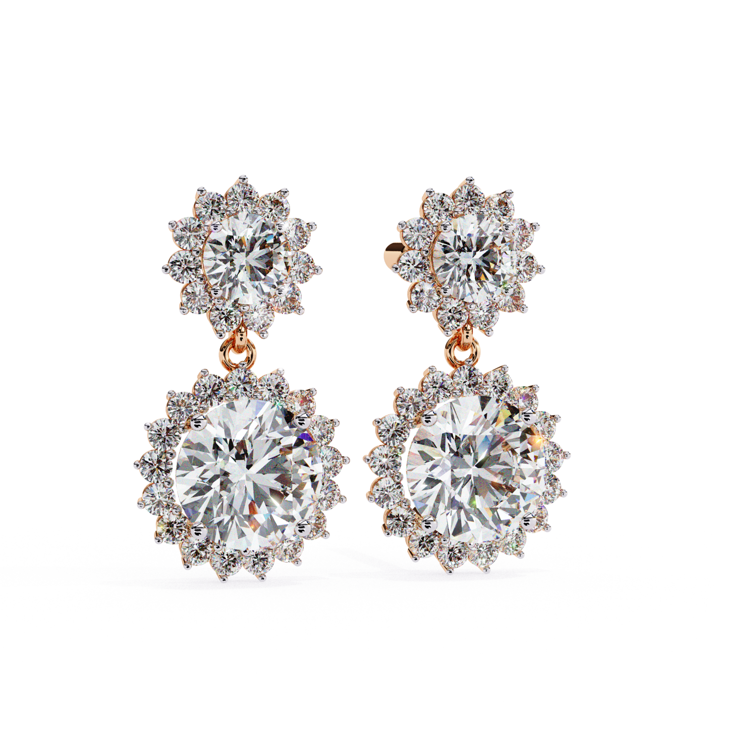 Unique gold sunflower earrings with a central radiant diamond, encircled by smaller diamonds, and a diamond drop pendant.