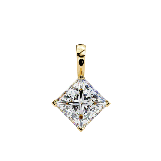 Pyramid-shaped diamond pendant in gold, showcasing a brilliant cut diamond.
