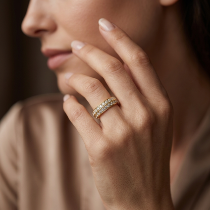 Gold diamond band ring on hand
Elegant gold band ring with diamonds
Luxury diamond band ring close up
Woman wearing gold diamond band
Premium gold diamond ring style
Sparkling diamond band on finger
Fine jewelry gold band ring look
Stylish diamond band ring design
Minimal elegant gold diamond ring
Beautiful diamond band ring closeup