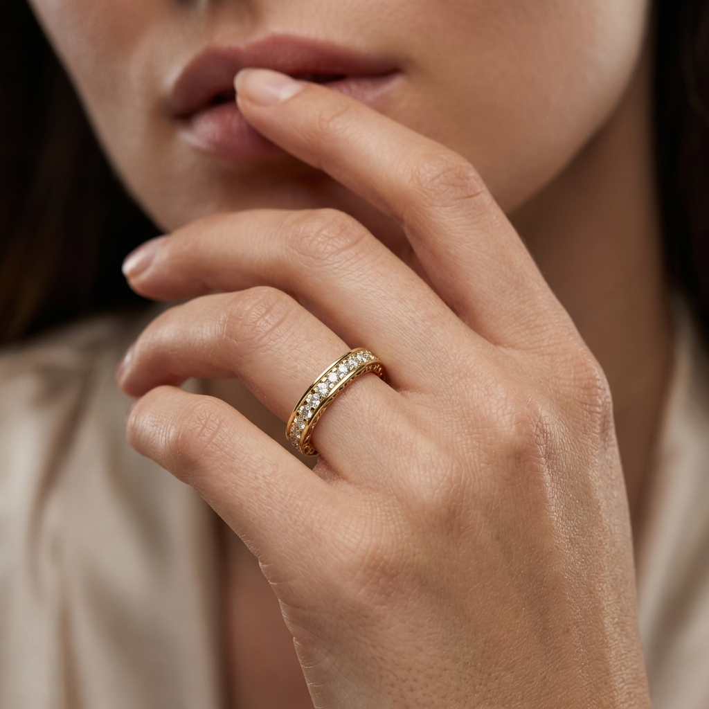 Gold diamond band ring on finger
Elegant diamond band ring close up
Luxury gold band ring with diamonds
Woman wearing diamond band ring
Premium gold diamond ring style
Sparkling diamond band on hand
Fine jewelry gold band ring look
Stylish diamond band ring design
Minimal elegant gold ring with diamonds
Beautiful diamond band ring closeup