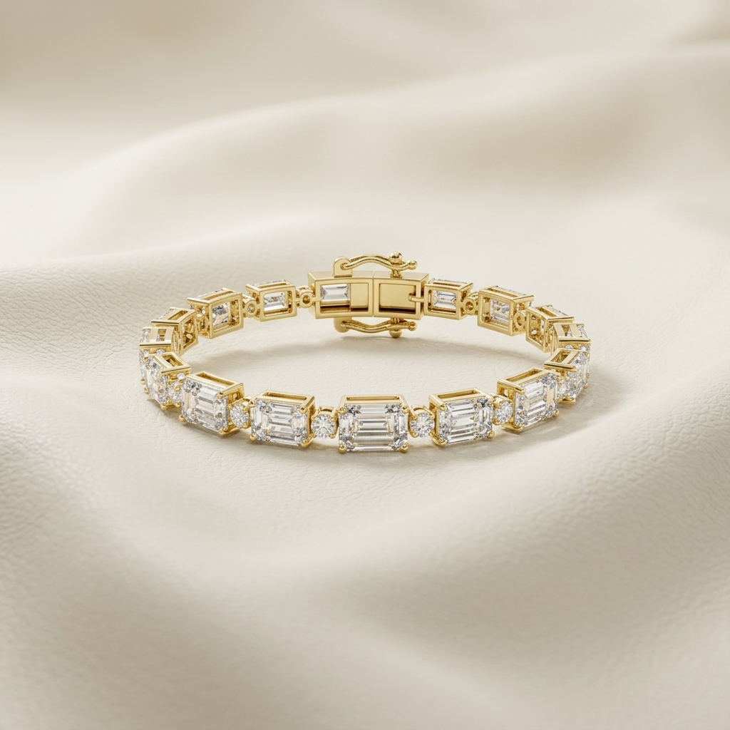 Golden mosaic bracelet featuring framed emerald cut diamonds
Yellow gold rectangular diamond links with round stone accents
Architectural diamond bracelet with bold geometric settings
Luxury step cut diamond bracelet arranged on ivory leather
Emerald shaped diamonds joined by delicate brilliant connectors
Structured gold bracelet with oversized rectangular diamond stations
Art deco inspired diamond link bracelet with ornate clasp
Radiant geometric gold bracelet showcasing elongated diamond stones
Sophistica