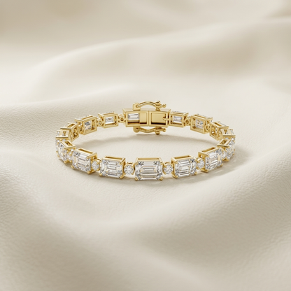 Golden mosaic bracelet featuring framed emerald cut diamonds
Yellow gold rectangular diamond links with round stone accents
Architectural diamond bracelet with bold geometric settings
Luxury step cut diamond bracelet arranged on ivory leather
Emerald shaped diamonds joined by delicate brilliant connectors
Structured gold bracelet with oversized rectangular diamond stations
Art deco inspired diamond link bracelet with ornate clasp
Radiant geometric gold bracelet showcasing elongated diamond stones
Sophistica
