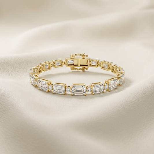 Golden mosaic bracelet featuring framed emerald cut diamonds
Yellow gold rectangular diamond links with round stone accents
Architectural diamond bracelet with bold geometric settings
Luxury step cut diamond bracelet arranged on ivory leather
Emerald shaped diamonds joined by delicate brilliant connectors
Structured gold bracelet with oversized rectangular diamond stations
Art deco inspired diamond link bracelet with ornate clasp
Radiant geometric gold bracelet showcasing elongated diamond stones
Sophistica