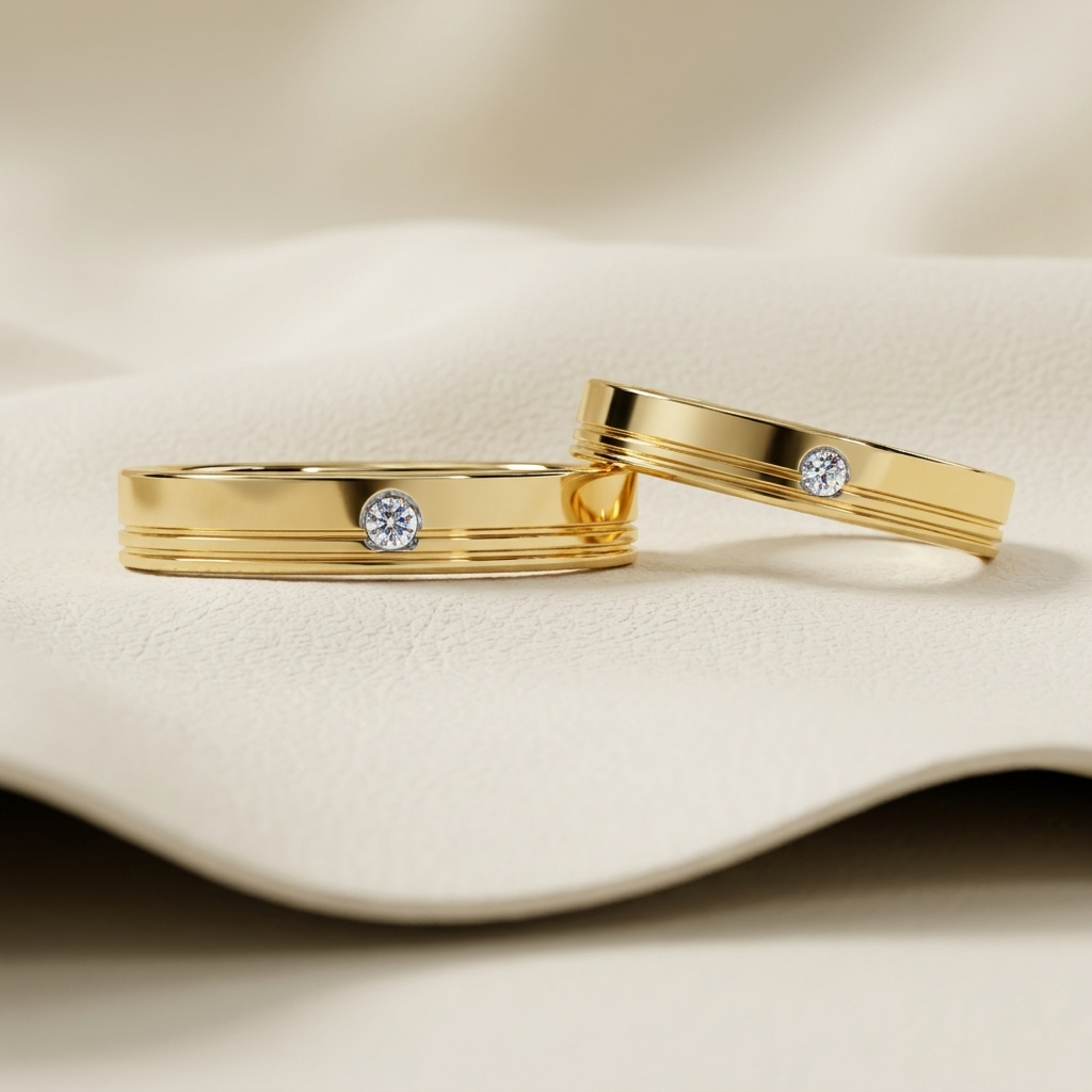 Yellow gold grooved bezel solitaire diamond wedding band rings
Elegant yellow gold wedding bands with bezel set round diamonds
Luxury polished gold band rings featuring center solitaire diamonds
Fine jewelry grooved wedding band rings with minimalist design
Contemporary yellow gold bezel diamond band rings
Premium classic gold wedding bands with round brilliant diamonds
Designer grooved bezel solitaire band rings close up
Stylish yellow gold wedding rings with sleek engraved grooves
Modern polished gold dia