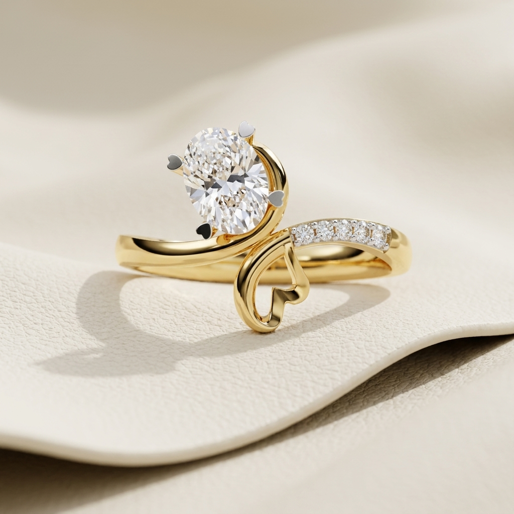 Yellow gold heart accent solitaire diamond engagement ring
Elegant round solitaire diamond ring with open heart detail
Luxury yellow gold engagement ring with heart accent and pavé diamonds
Fine jewelry round diamond solitaire ring featuring an open heart design
Contemporary yellow gold heart motif engagement ring with pavé band
Premium round brilliant solitaire ring with heart shaped accent
Designer heart accent diamond engagement ring close up
Romantic yellow gold solitaire diamond ring with open heart ga